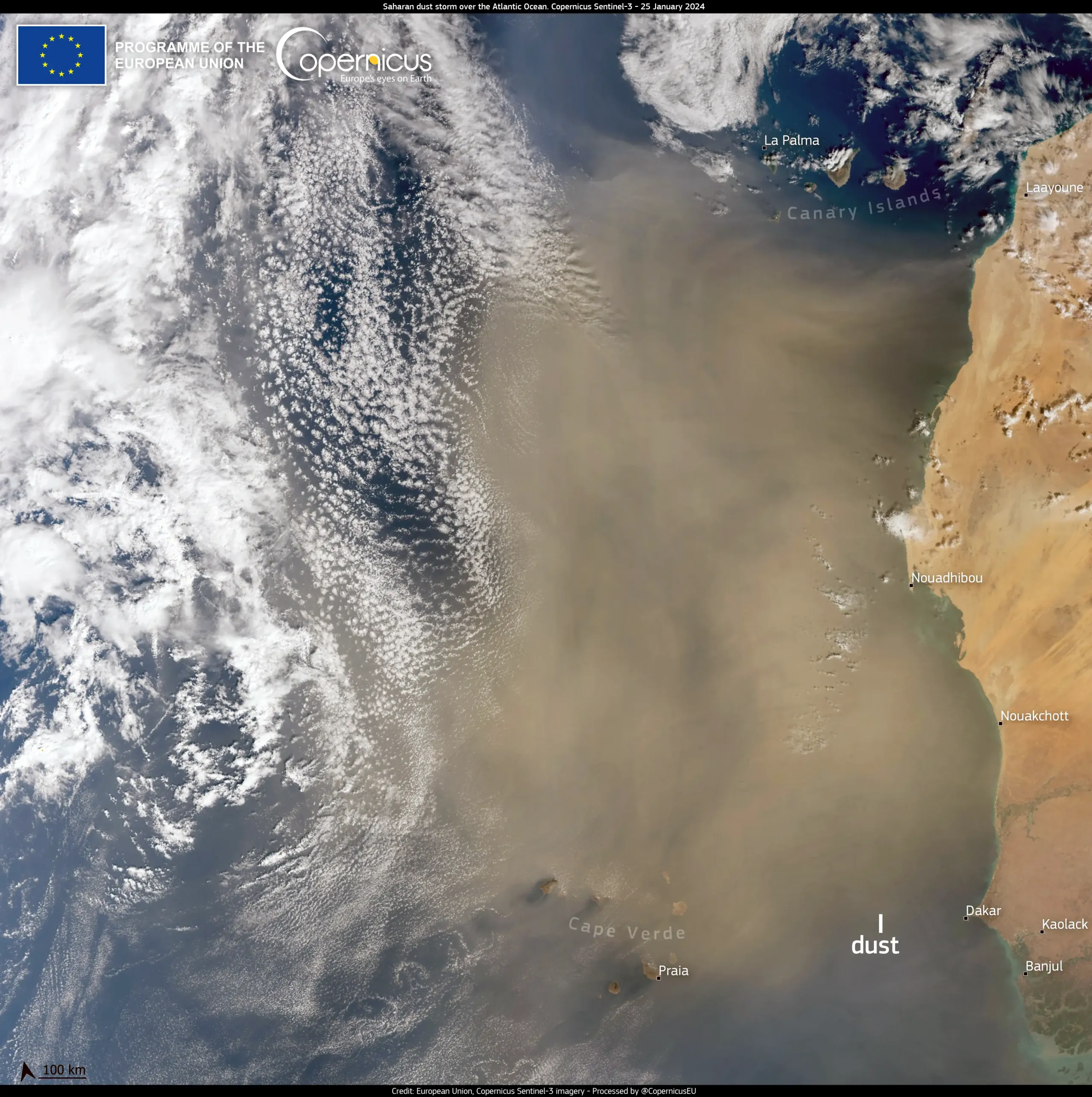 Dust cloud stretching between the Canary Islands and Cabo Verde