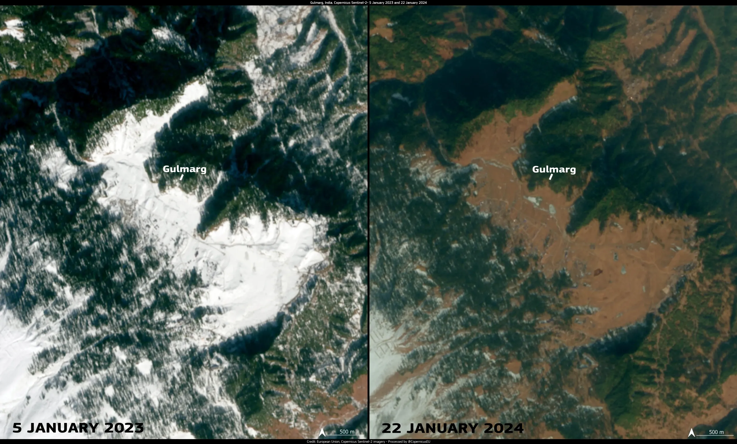 Lack of snow in Gulmarg, Western Himalayas
