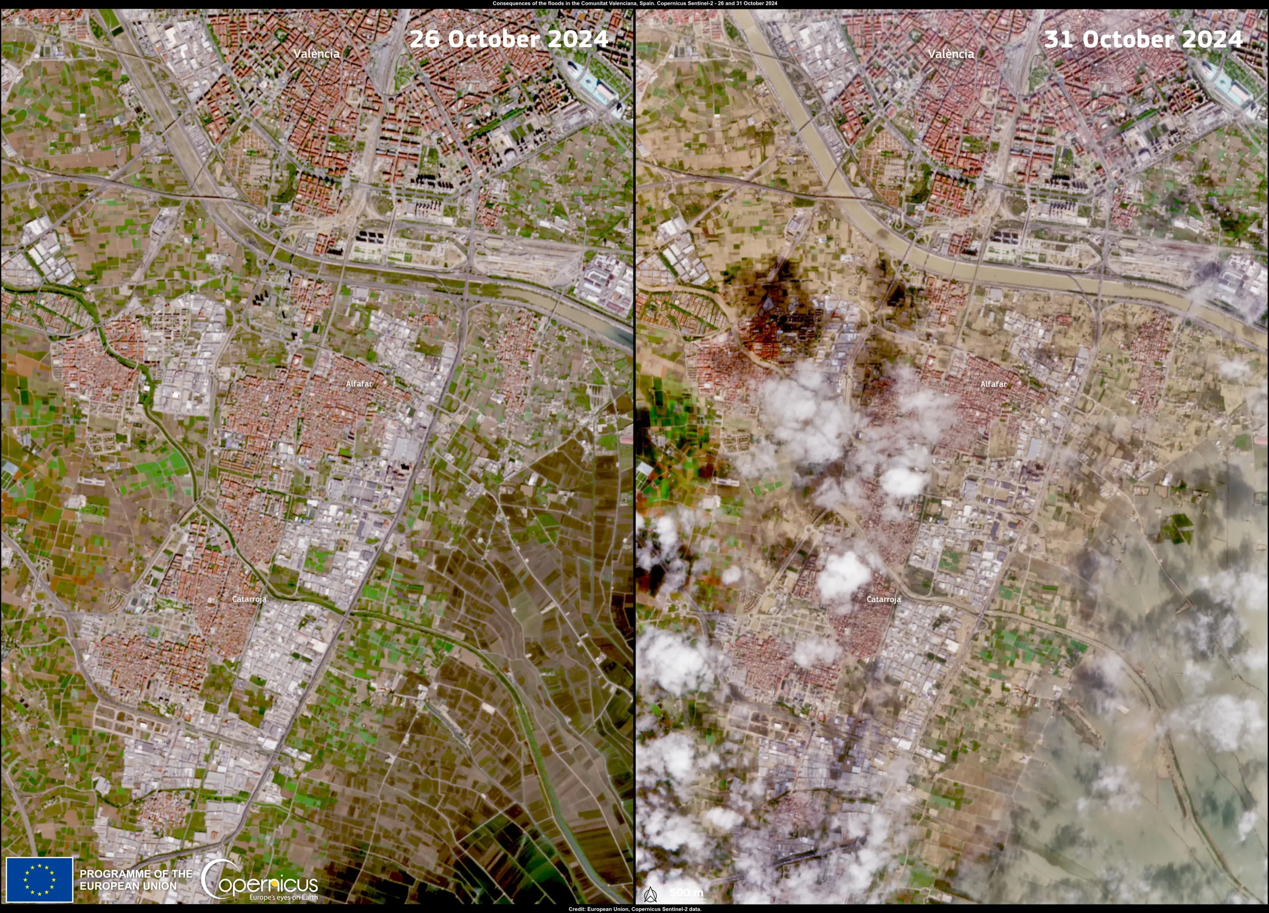 The Impact of the Floods South of Valencia through the eyes of Copernicus Sentinel-2