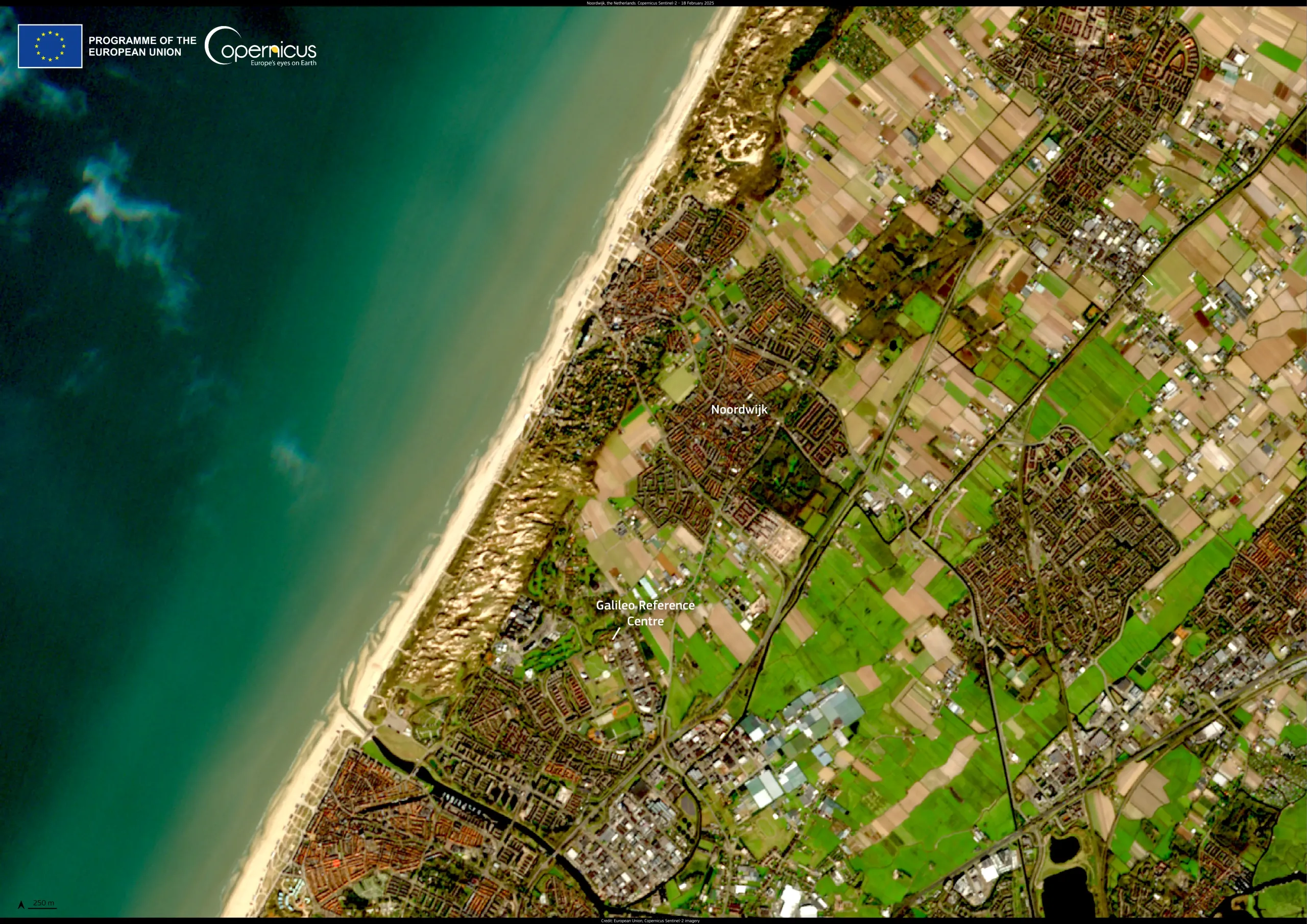 the image shows Noordwijk in the Netherlands and the Dutch North Sea coast