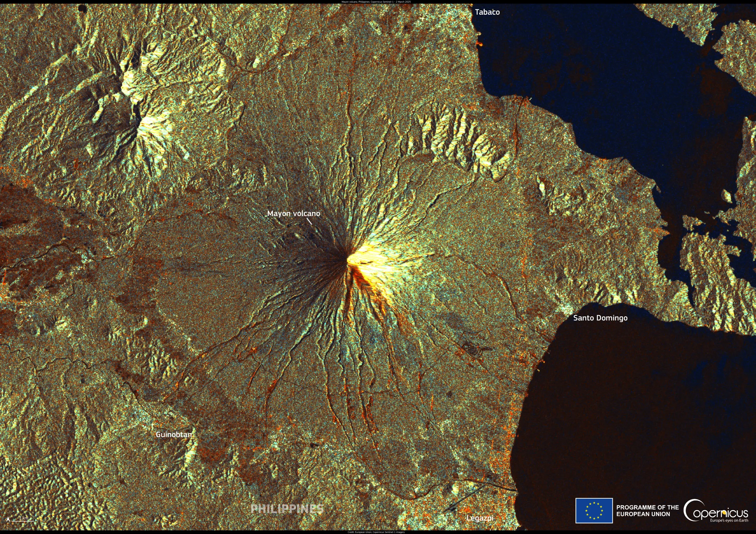 Mayon volcano, in the Philippines. The radar image shows the volcano's radial drainage patterns and lava channels.