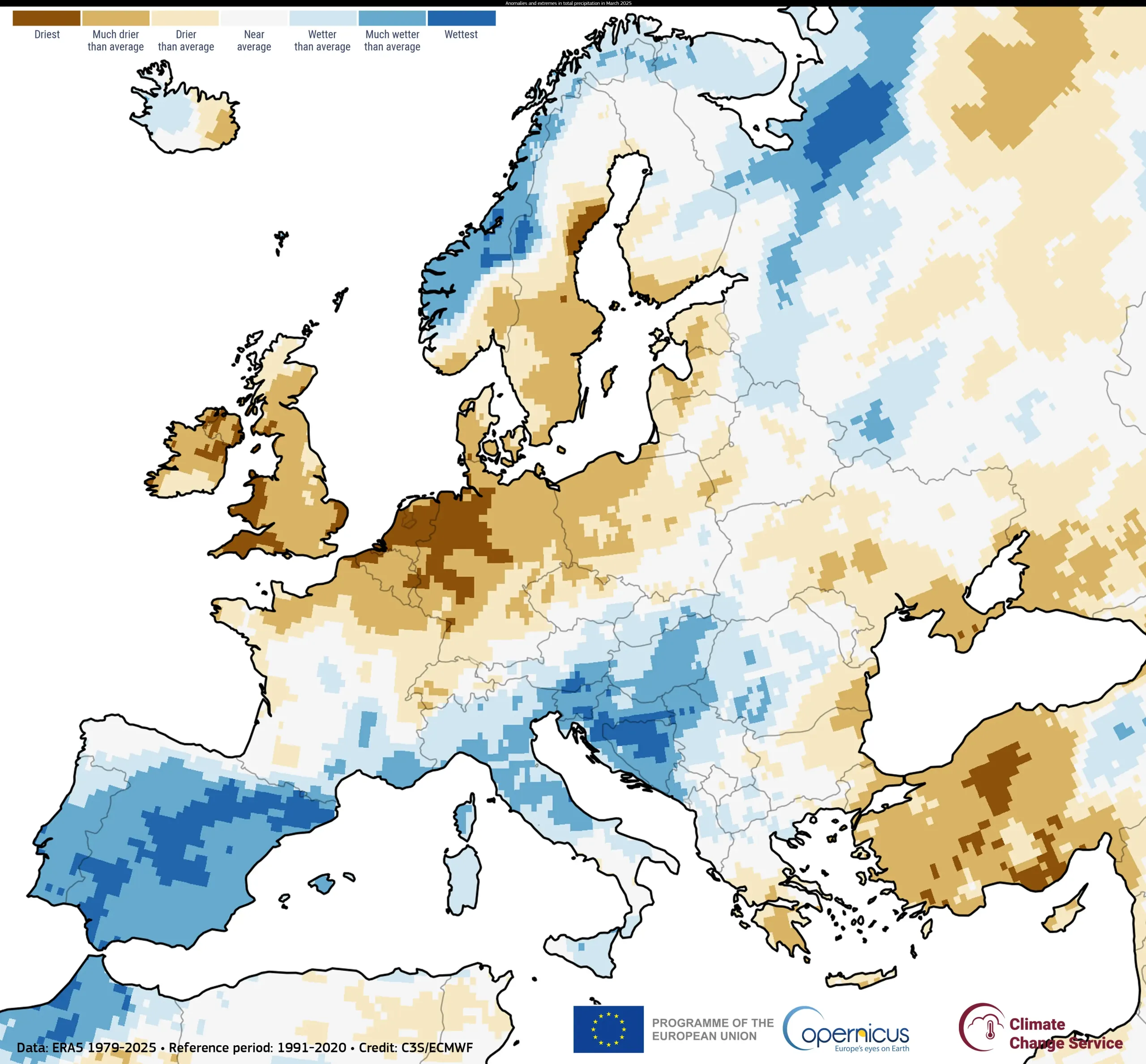 Precipitation anomaly in Europe, March 2025