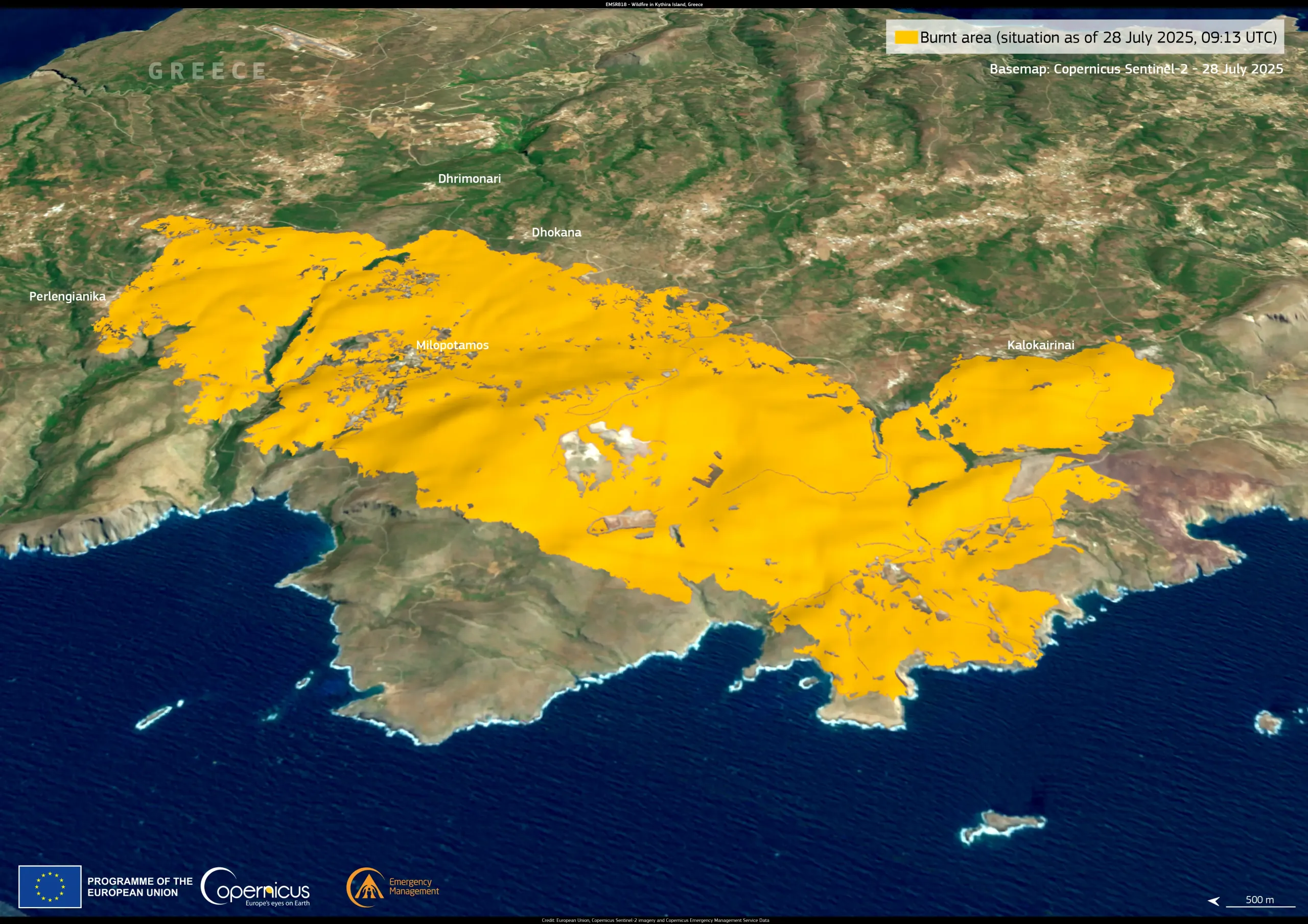 Wildfire on the island of Kythira, Greece