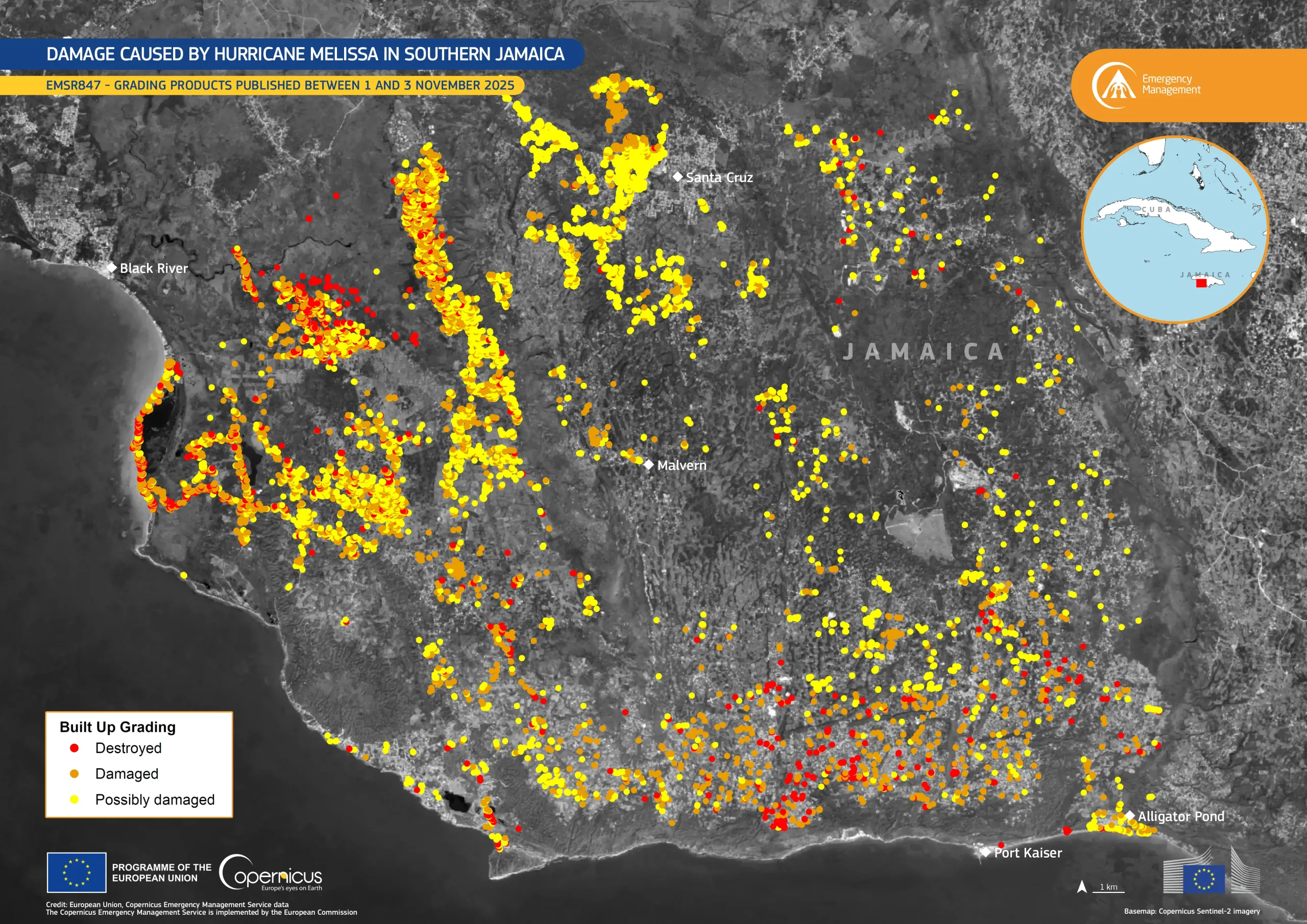 The impacts from Hurricane Melissa monitored by Copernicus EMS