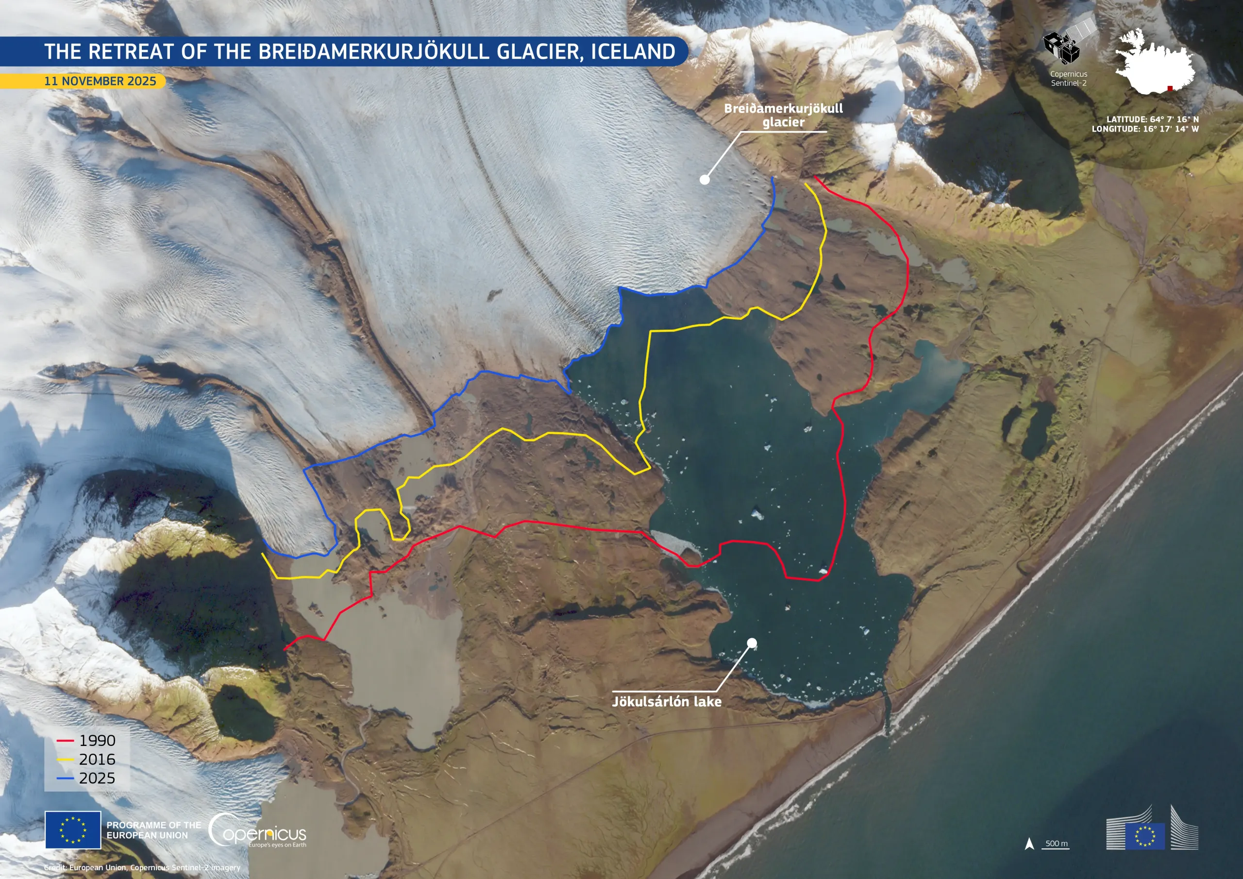 The retreat of the Breiðamerkurjökull glacier, Iceland