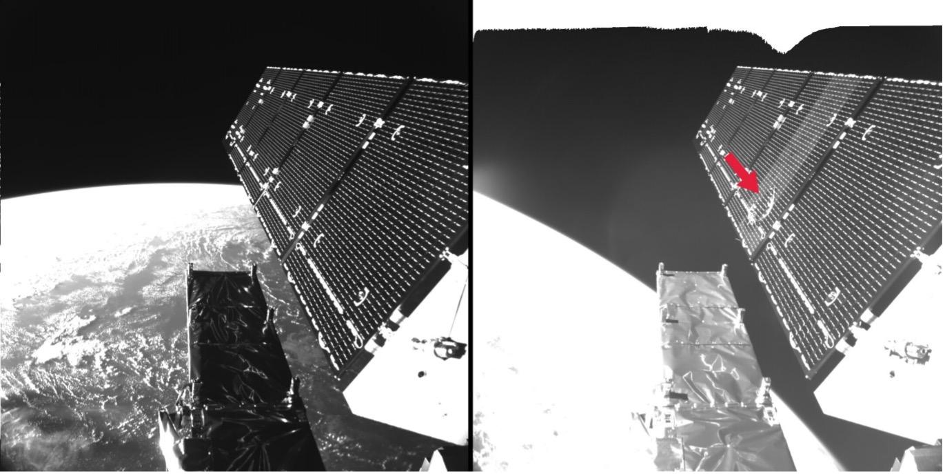 Two images of the Copernicus Sentinel-1A satellite's solar panel, showing red and black stripes before and after a fragment impact.