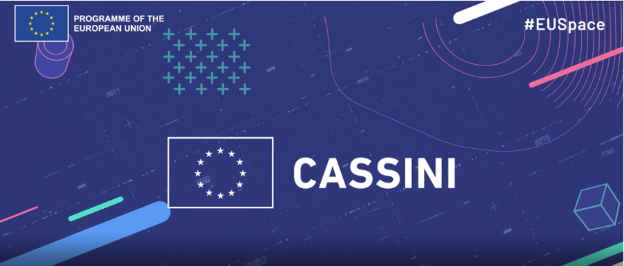 A promotional graphic for the CASSINI program by the European Union, featuring the EU flag and the hashtag #EUSpace, against a dark blue background with geometric patterns.