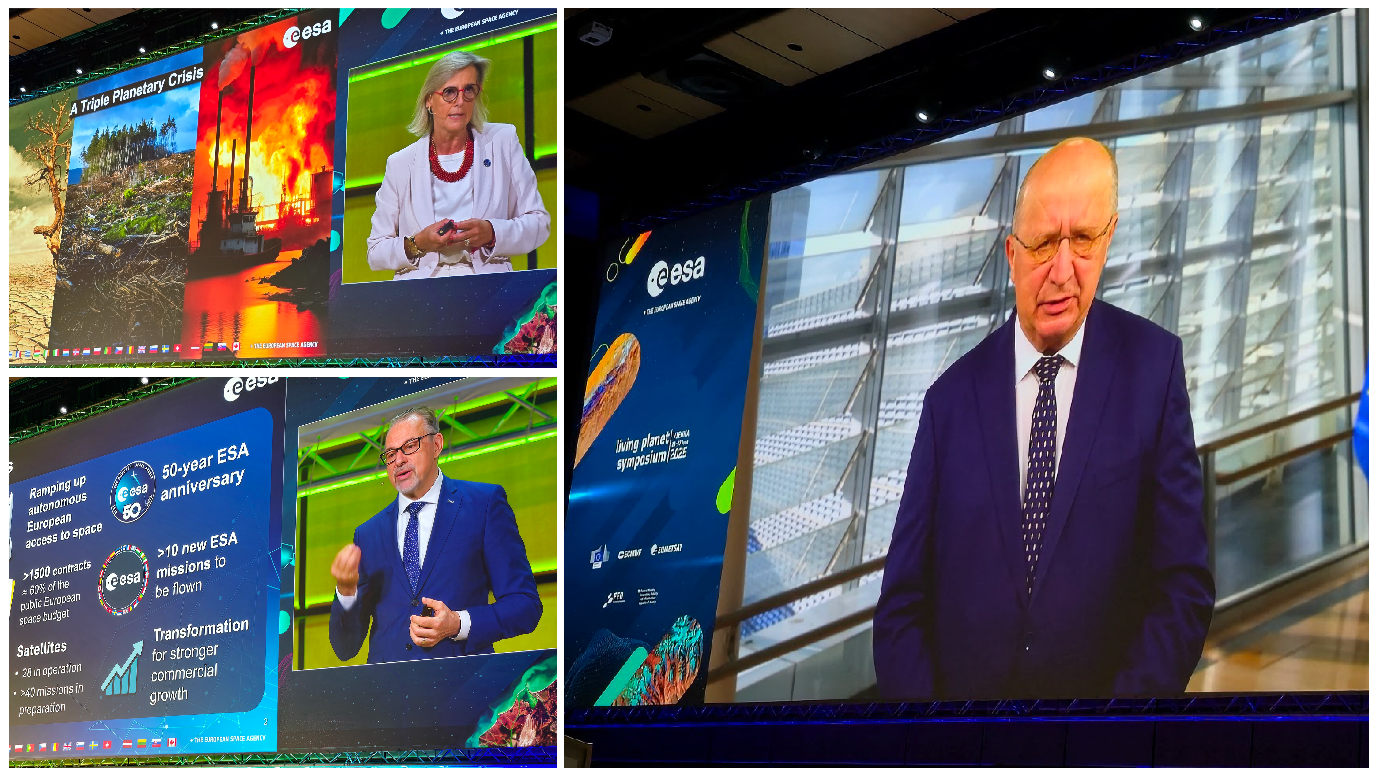 A conference stage displays presentations on environmental issues, featuring impactful visuals and informational slides from the ESA.