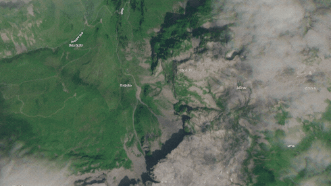 Animated satellite view showing seasonal snow melt and vegetation changes in a mountainous region near Mürren and Grindelwald, Switzerland.