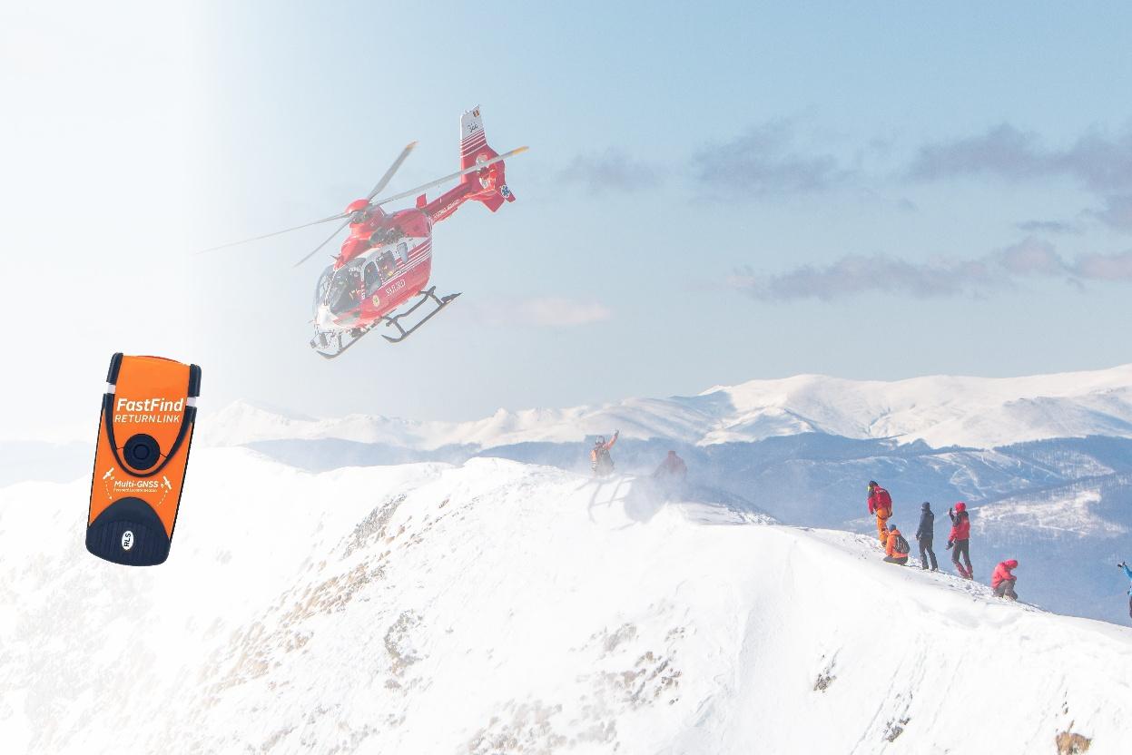 Mountain rescue team and helicopter in snowy terrain, with a Galileo-enabled FastFind ReturnLink emergency beacon shown on the left.