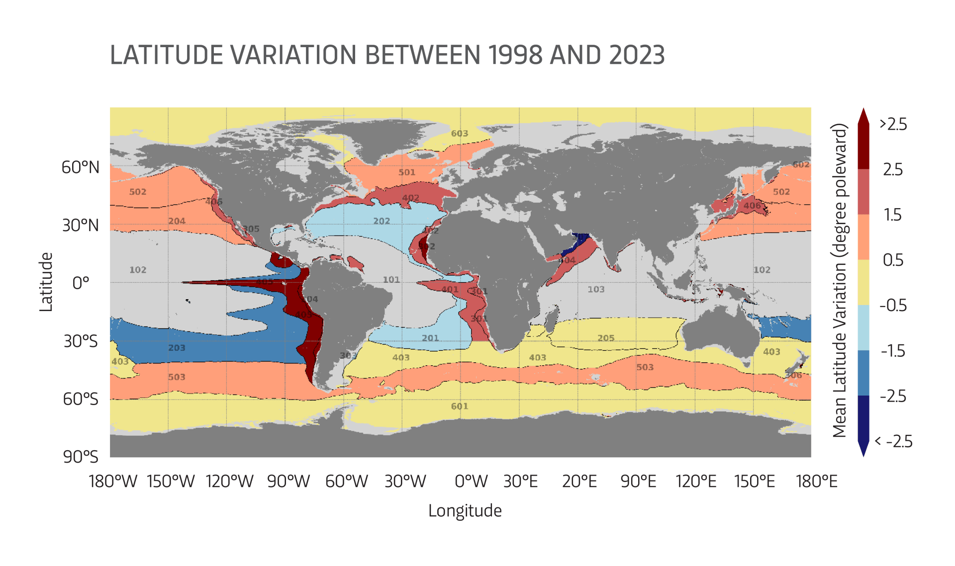 This map shows surface variation of marine ecoregions between 1998 and 2023, expressed as a percentage change. The variation is color-coded on a scale from less than -25% (dark blue) to greater than +25% (dark red).  Key Elements:  Geographical coverag...