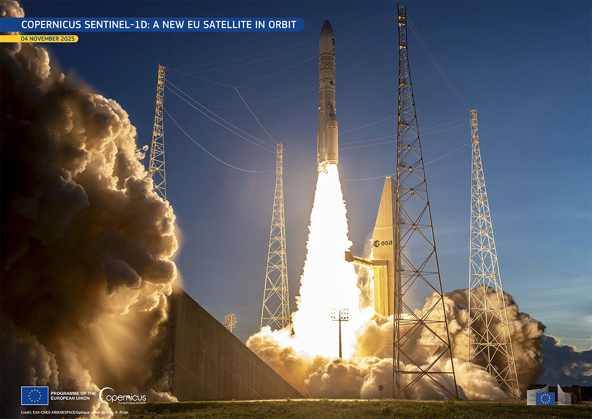 Copernicus Sentinel-1D was successfully launched on 4 November 2025 at 22:02 CET (21:02 UTC) French Guiana. The satellite was released into orbit 34 minutes after launch, and the first signal was received at 23:22 CET by the Troll ground station in Ant...