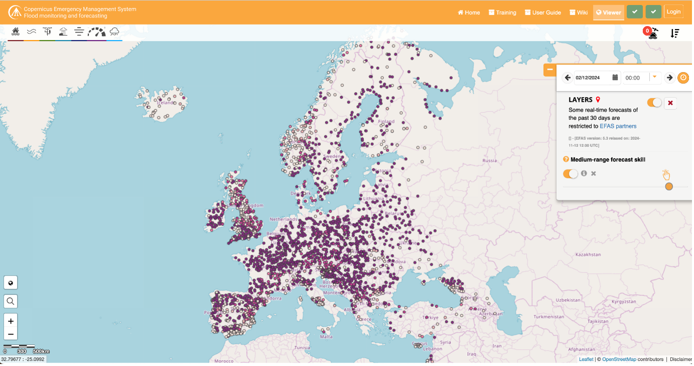 A detailed map of Europe featuring multiple locations, with a focus on regions experiencing severe flooding issues.