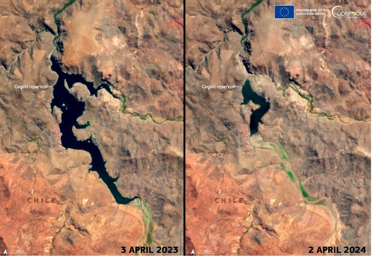 Two satellite images of the Cogotí Reservoir in Chile, depicting drought conditions in 2023 and 2024.