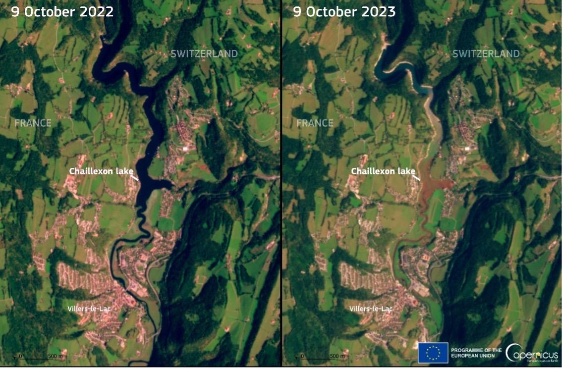 Two satellite images of Chaillexon Lake in France, illustrating the impact of drought on the same area over time.