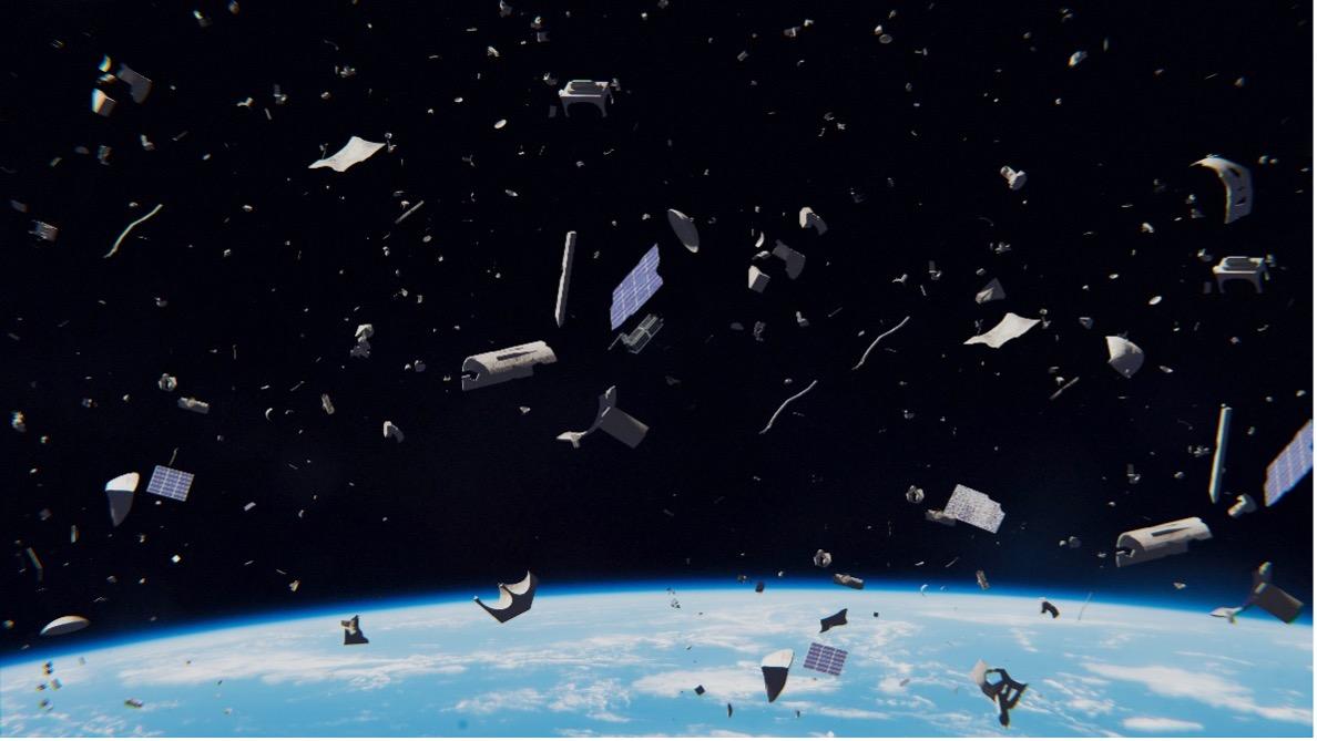 A satellite orbits Earth, surrounded by numerous pieces of human-made debris in Low Earth Orbit.