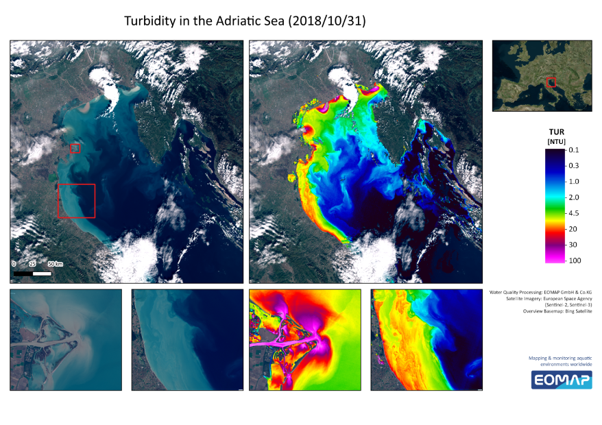 The image shows turbidity in the Adriatic Sea on 31 October 2018, combining satellite data from Sentinel-2 and Sentinel-3. The top left panel shows river sediment inputs into the northern Adriatic Sea. The top right panel uses a colour scale to depict ...