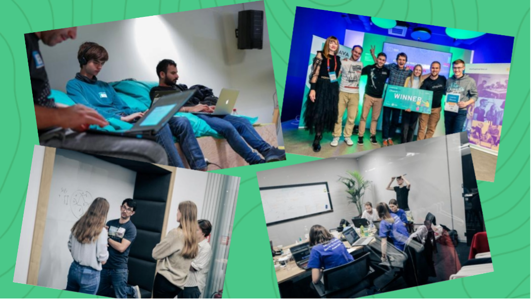Collage of people working on laptops, collaborating on a whiteboard, participating in a group discussion, and celebrating with a trophy.
