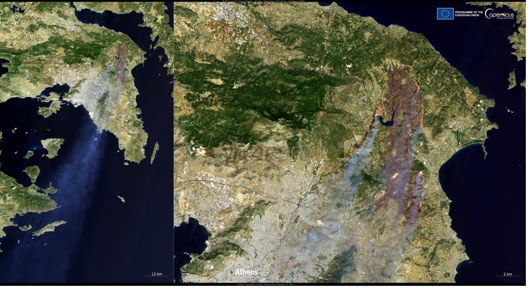 Satellite imagery showing a region with Athens label, smoke plumes, and active fire lines.