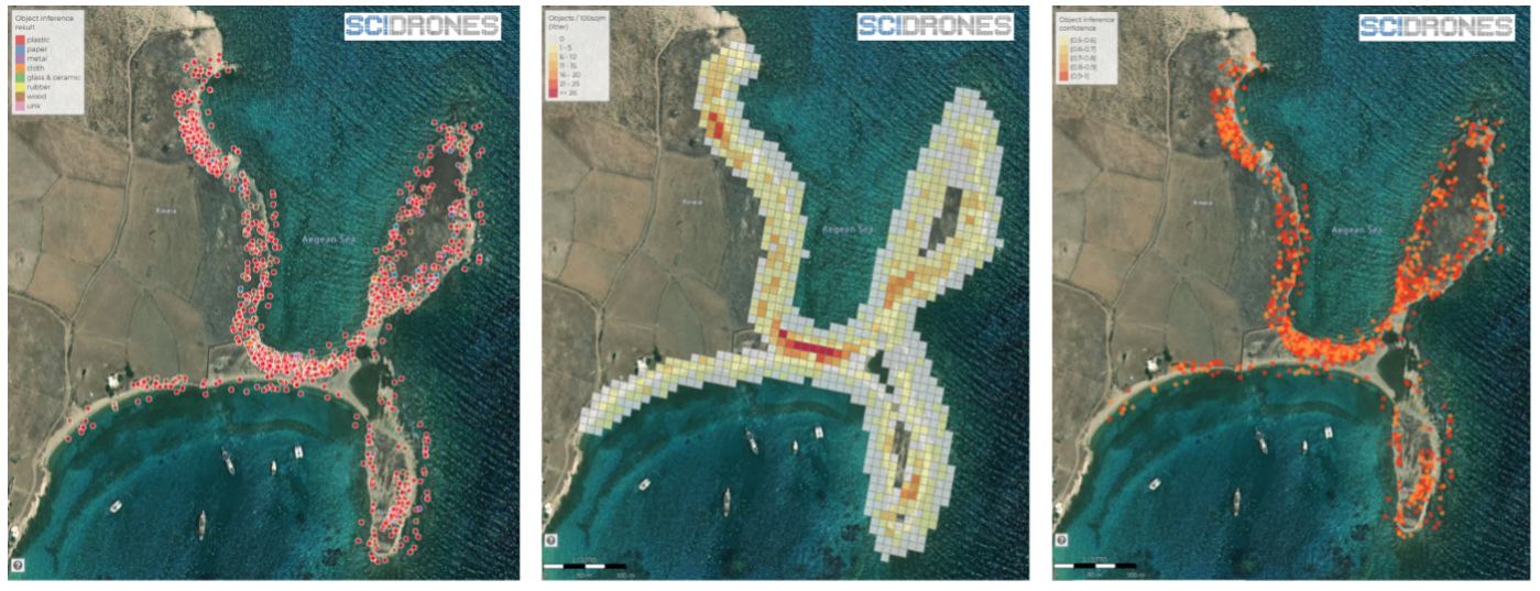 The image shows three satellite views of a coastal area illustrating litter density from SCIDRONES. The first view has red circles indicating litter locations. The second view features a grid with varying colours showing litter density, with darker red...