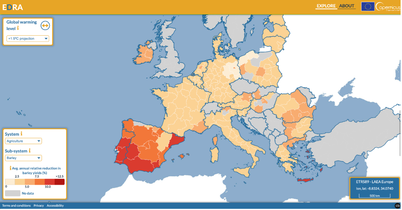 Map of Europe showing projected barley yield reduction due to global warming.