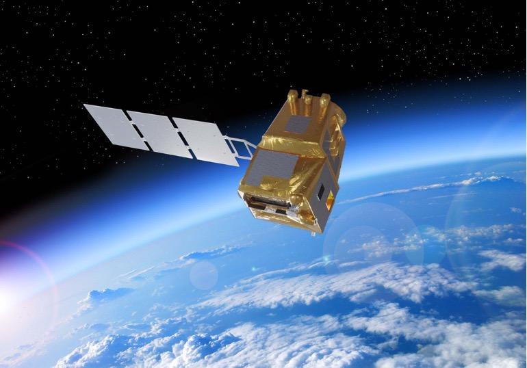 The image is an artist’s impression of an LSTM (Land Surface Temperature Monitoring) satellite. The satellite features a box-shaped main body covered in golden insulating material, with solar panels extending from one side. It is depicted orbiting abov...