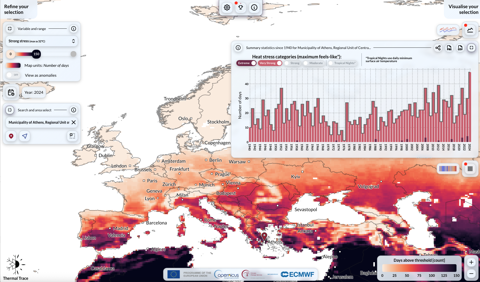 Days with strong to extreme heat stress in Europe