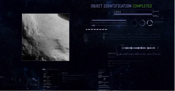 A computer screen displaying a space background, highlighting the EU's efforts in monitoring Near Earth Objects (NEO).