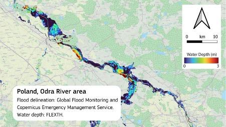 Map showing flood delineation in Poland's Odra River area with water depth indicators.