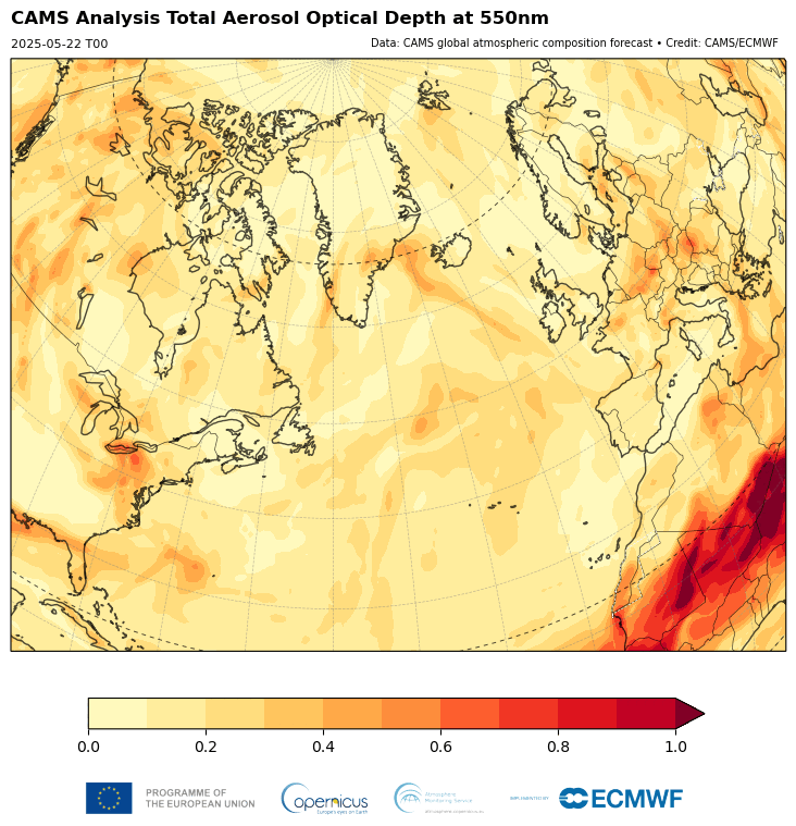 Animation of CAMS total aerosol optical depth analyses over the North Atlantic