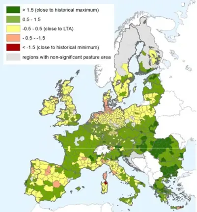 Map of relative index of pasture productivity over Europe, comparing February-March 2018 with the historical statistics (1999-2017)