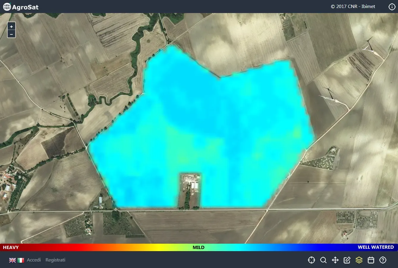 Crop water stress for a selected farm. This index is calculated as fusion of the Copernicus Land SWI product and Copernicus Sentinel 2 NDII product.