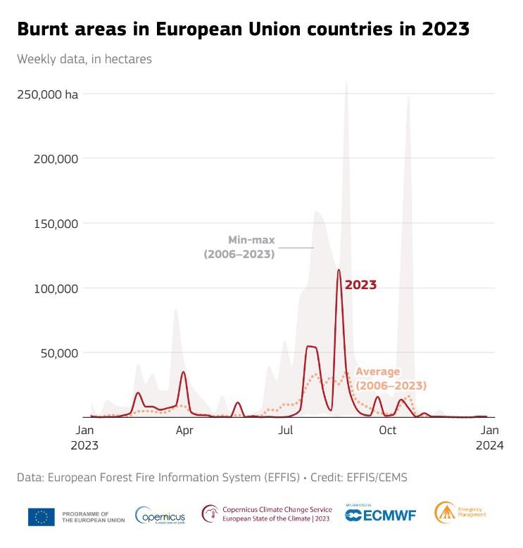 Burnt areas in EU countries in 2023