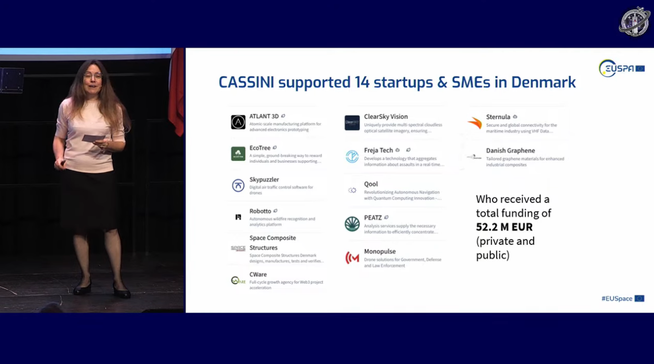A woman speaking on a stage newt to a slide titled "CASSINI supported 14 startups &amp; SMEs in Denmark.