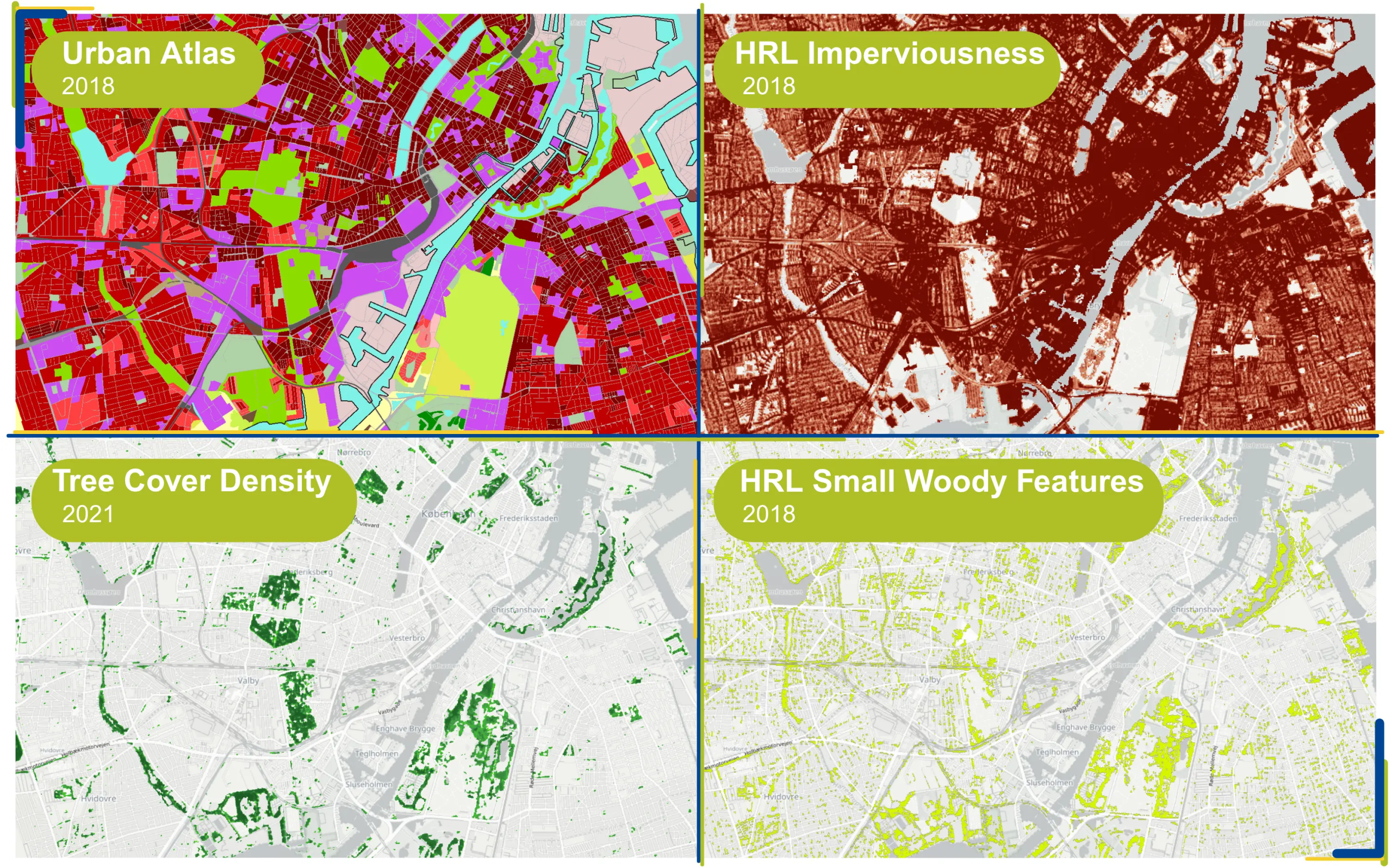 A grid of four thematic maps of Copenhagen showing different land and vegetation characteristics. Top-left: Urban Atlas 2018 displays land use categories in vibrant colours. Top-right: HRL Imperviousness 2018 shows built-up, sealed surfaces in dark red...