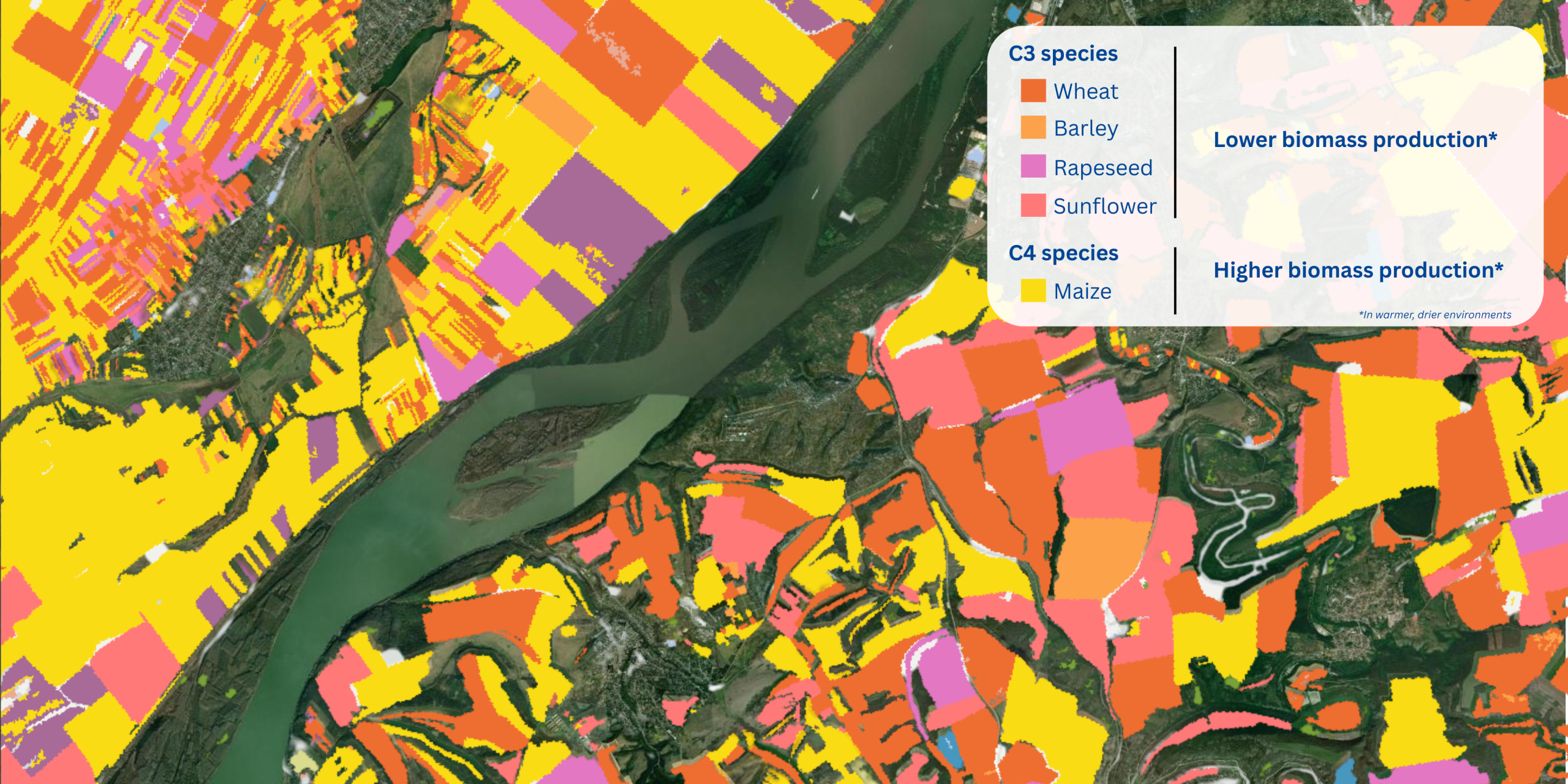 Satellite map showing classified crop types and land cover in various colours.