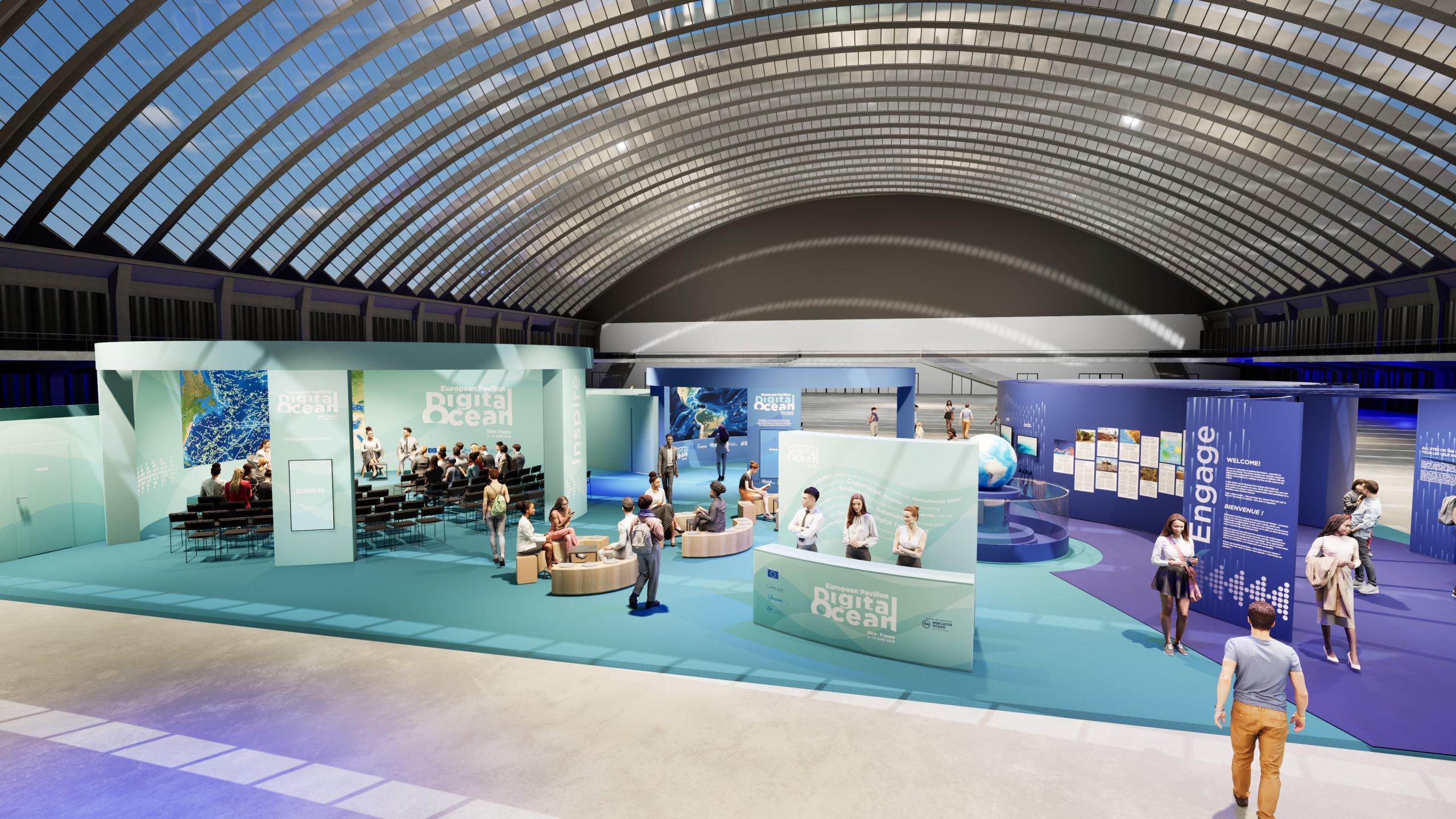 A vibrant exhibition space with attendees engaging at various booths showcasing Digital Ocean and other informational displays under a glass dome.