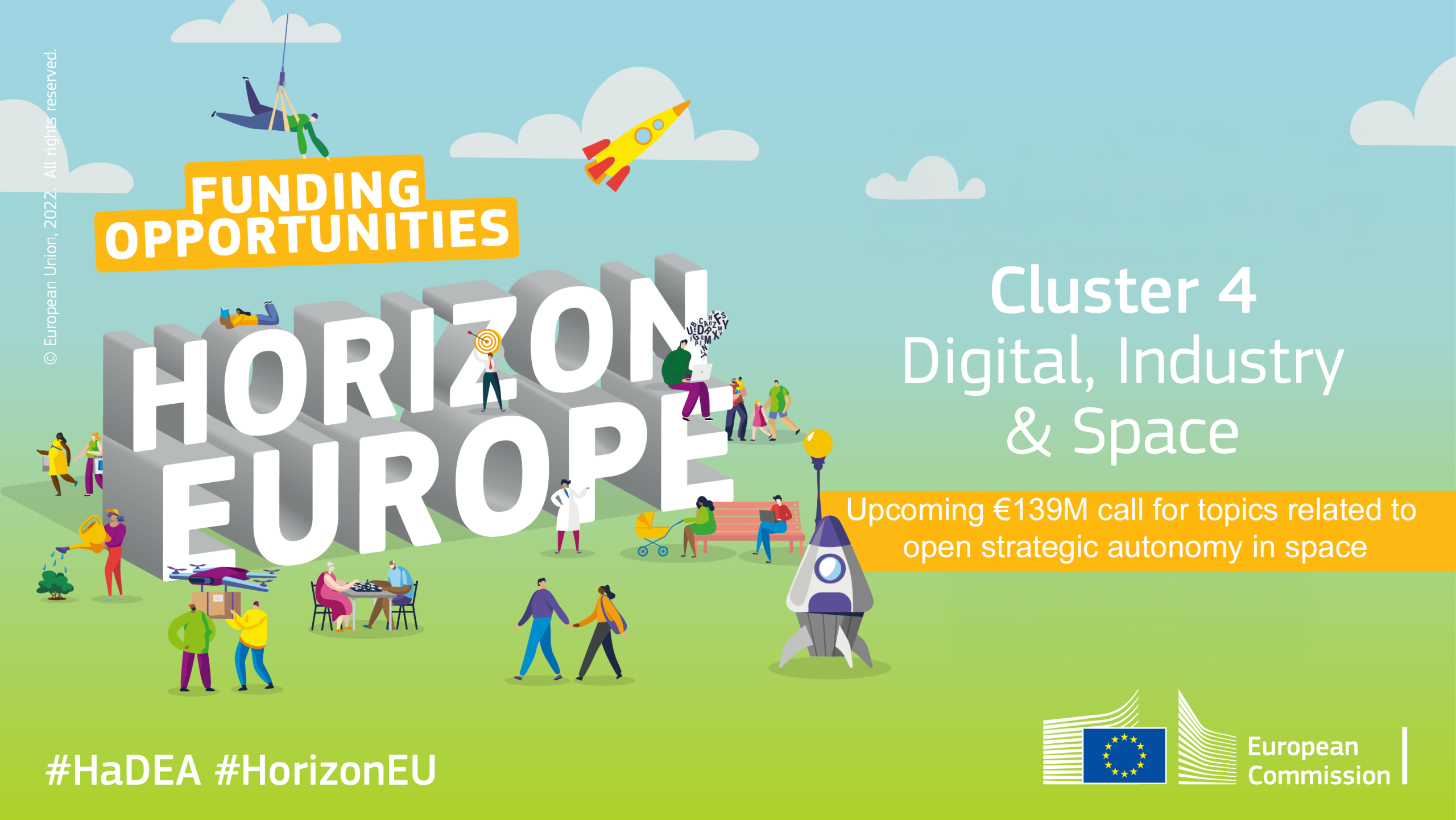 Graphic promoting Horizon Europe funding opportunities for Digital, Industry, and Space, highlighting a €139M call for strategic autonomy.