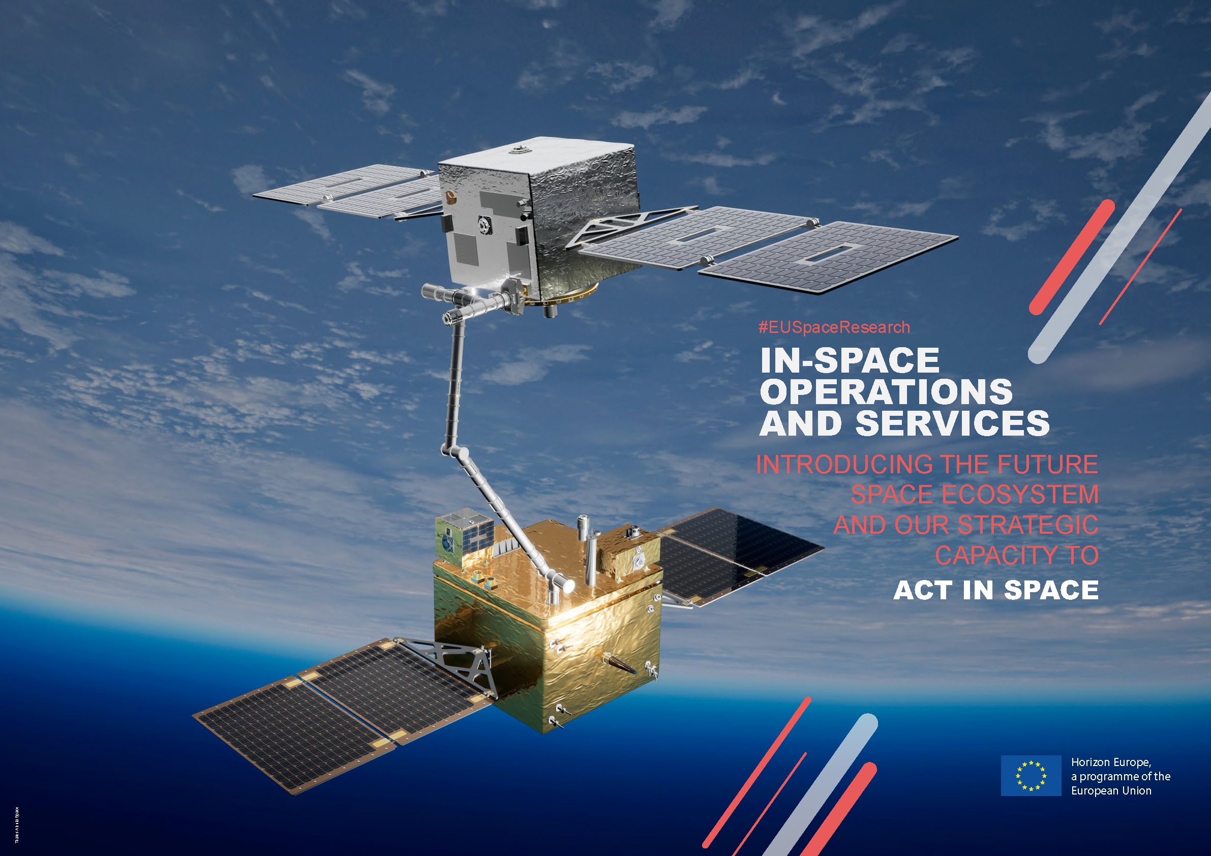 A satellite equipped with solar panels hovers in space, promoting in-space operations and future space ecosystem initiatives.