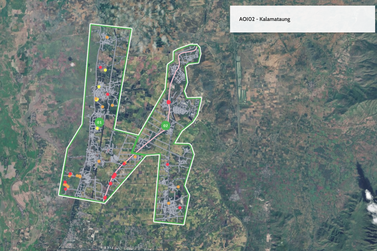 Satellite map of Kalamataung, Myanmar (AOI02), showing damage assessment points marked in red, orange, and yellow. Two zones are outlined in green, with visible infrastructure and road networks assessed for impact. Based on Copernicus Emergency Managem...