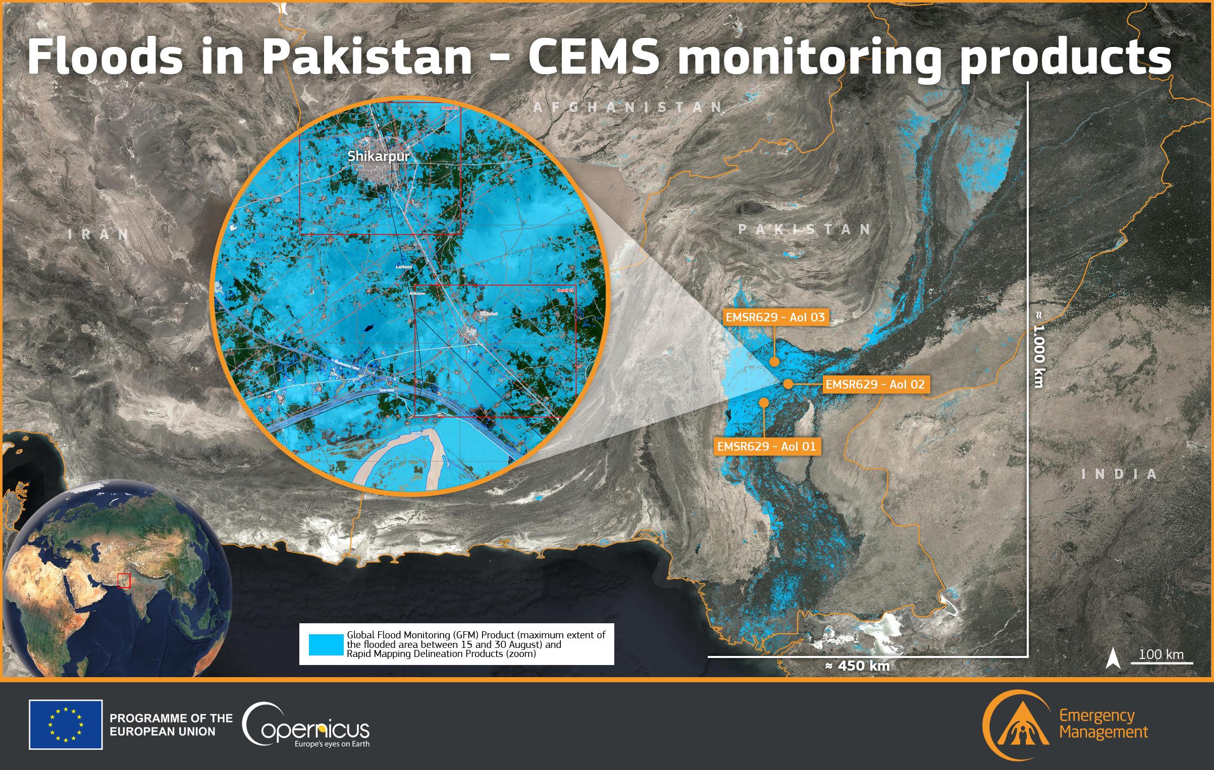 Data visualisation combining Rapid Mapping and Global Flood Monitoring (GFM) data. The blue area shows the maximum extent of the flooded area between 15 and 30 August as reported by GFM, and a detail from the Rapid Mapping Delineation Product for the S...