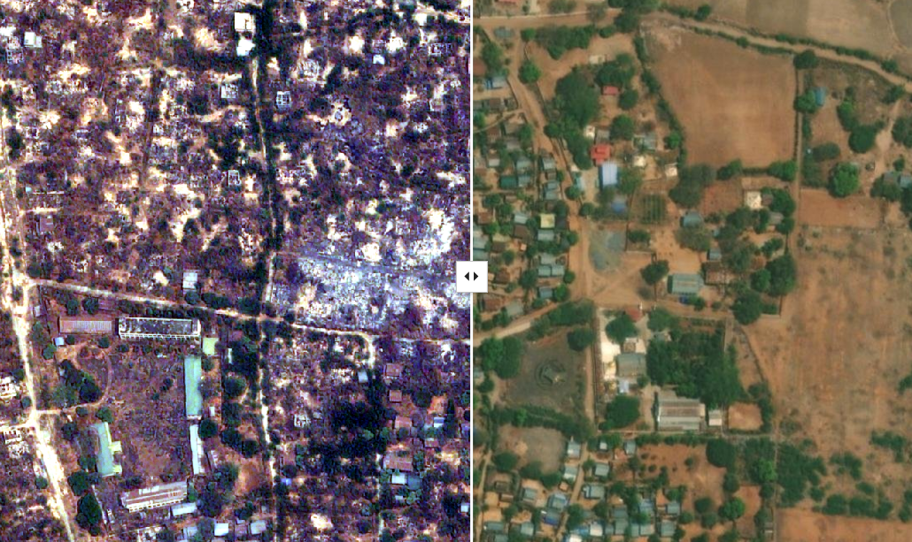 Side-by-side satellite images of a village area before and after a disaster. The right image shows intact buildings and vegetation; the left image reveals widespread destruction, with many structures burned or destroyed and visible damage across the area.