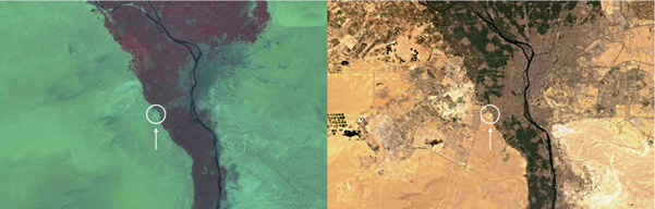 The two images show the city of Cairo, Egypt, in 1972 (left, image from Landsat 1) and 2022 (right, Copernicus Sentinel 2). The white circle highlights the Pyramids of Giza. Note the impressive urban sprawl on both banks of the Nile; the Giza Necropoli...