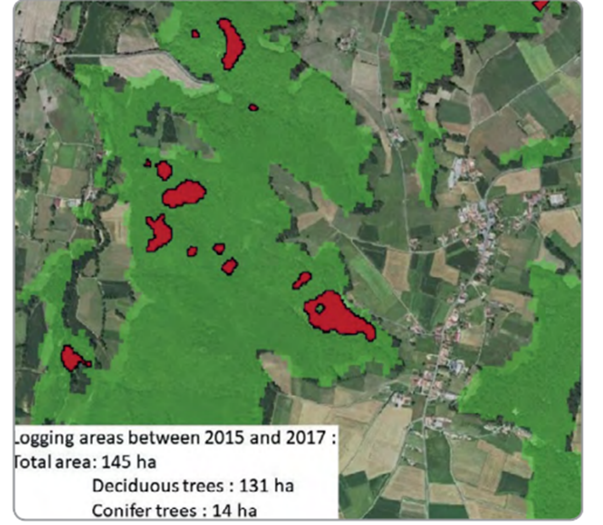 Logging areas detected with Sentinel-2 images in a forest region of the Pyrenees.  Credit: Copernicus Service information 2017
