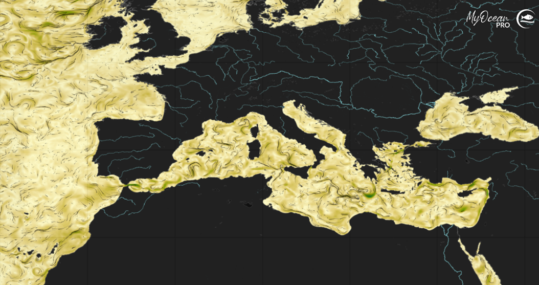 The image shows a visualisation of marine currents in the Mediterranean Sea.