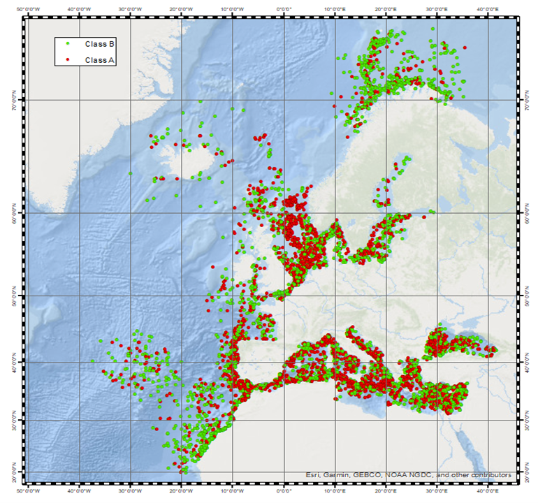 Detection statistics for CleanSeaNet in 2020, with dots that represent spills with a higher detection confidence level in red and a lower detection confidence level in green. (Source: EMSA)
