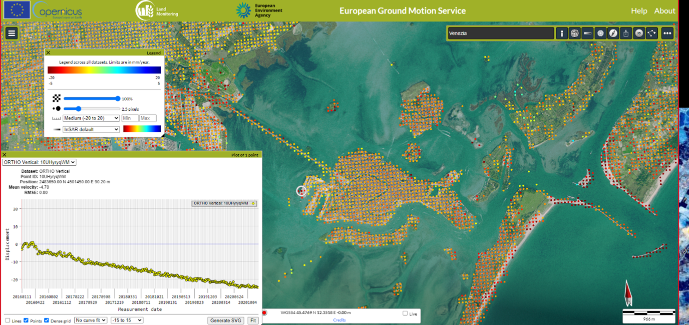 Ground subsidence data, retrieved from Copernicus Sentinel-1 radar imagery, shows vertical movements of more than 20 cm in areas of the city of Venice. Credit: Copernicus Land Monitoring Service/EGMS (implemented by the European Environment Agency)