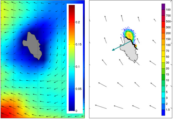 On the left, ocean current forecast for the Giglio island area based on high-resolution satellite data. On the right, the surface oil concentration in tons/km² predicted for the area around the Costa Concordia cruise ship. The available scenario predic...