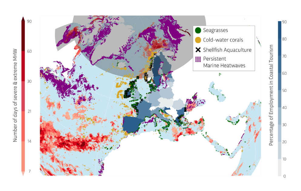 Map showing marine ecosystems and human coastal dependencies in the North Atlantic and surrounding regions. The background is color-coded to represent two metrics:  Left (red scale): Number of days of severe &amp; extreme marine heatwaves — from 7 days...