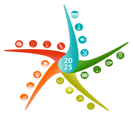 Colorful star-shaped infographic with four curved arms radiating from a central circle labeled '2025.' Each arm represents a theme and contains a set of circular icons:  Red arm (left) with icons for industry, energy, and agriculture.  Orange arm (bott...